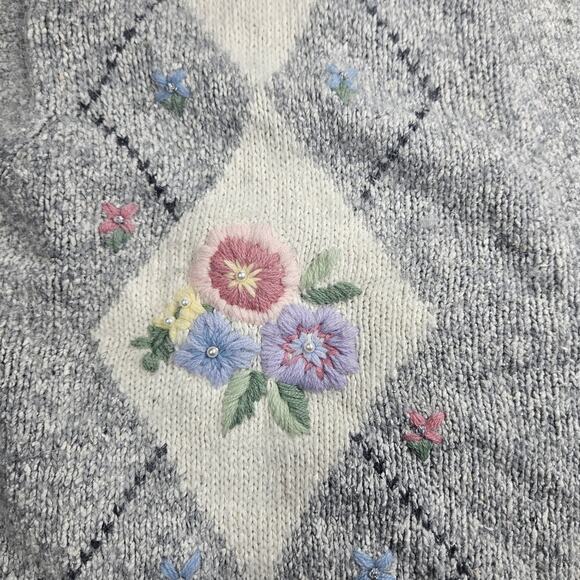 Vtg Private Party Angora Cardigan Womens M Argyle Floral Grey Granny Retro 90s - Picture 5 of 16